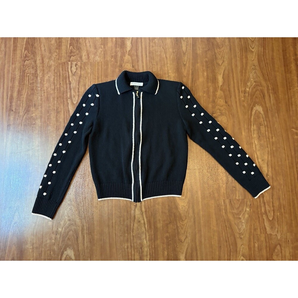 St. John Knit Black White Popcorn Trim Short Jacket Cardigan Size 2 Full Zip